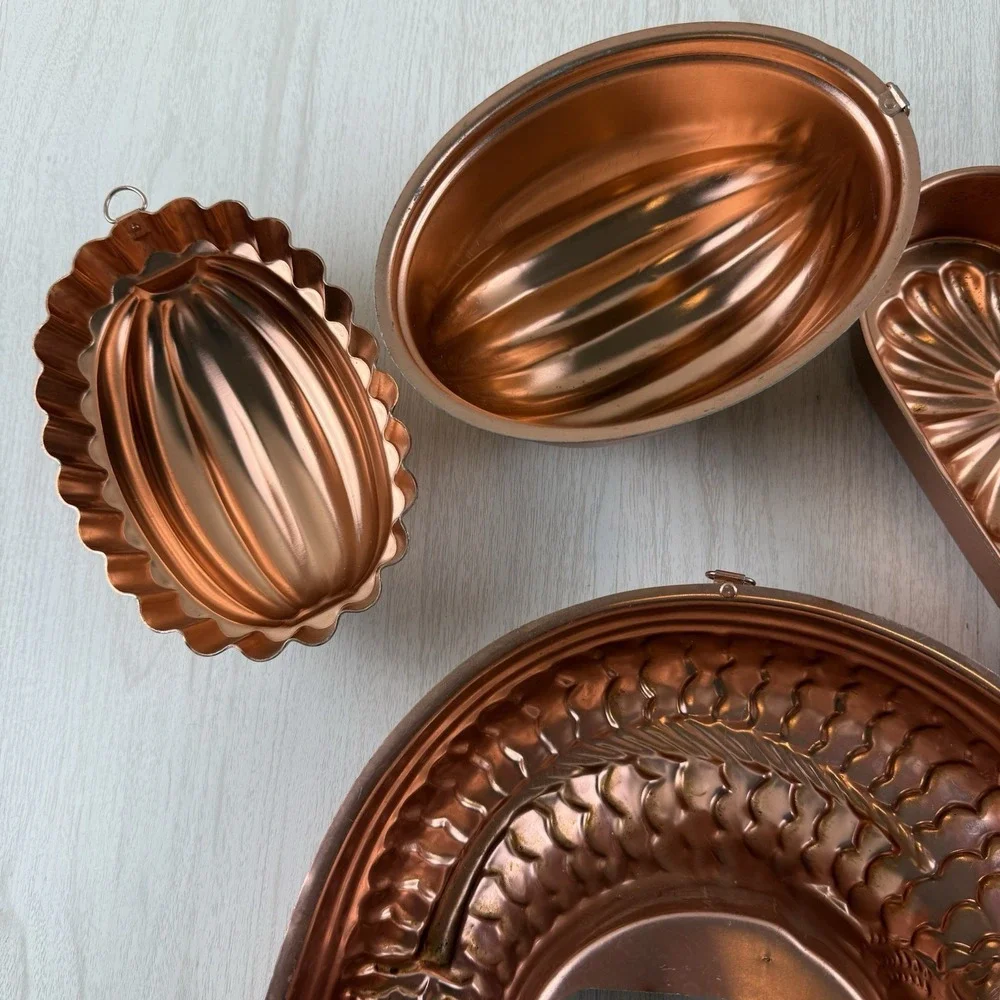 5 Vtg Copper Aluminum Jello Cake Molds Wall Hanging Heart Fish Bunt Oval Melon